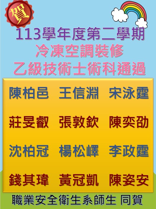 賀!113-2本系冷凍空調裝修乙級技術士術科通過圖片